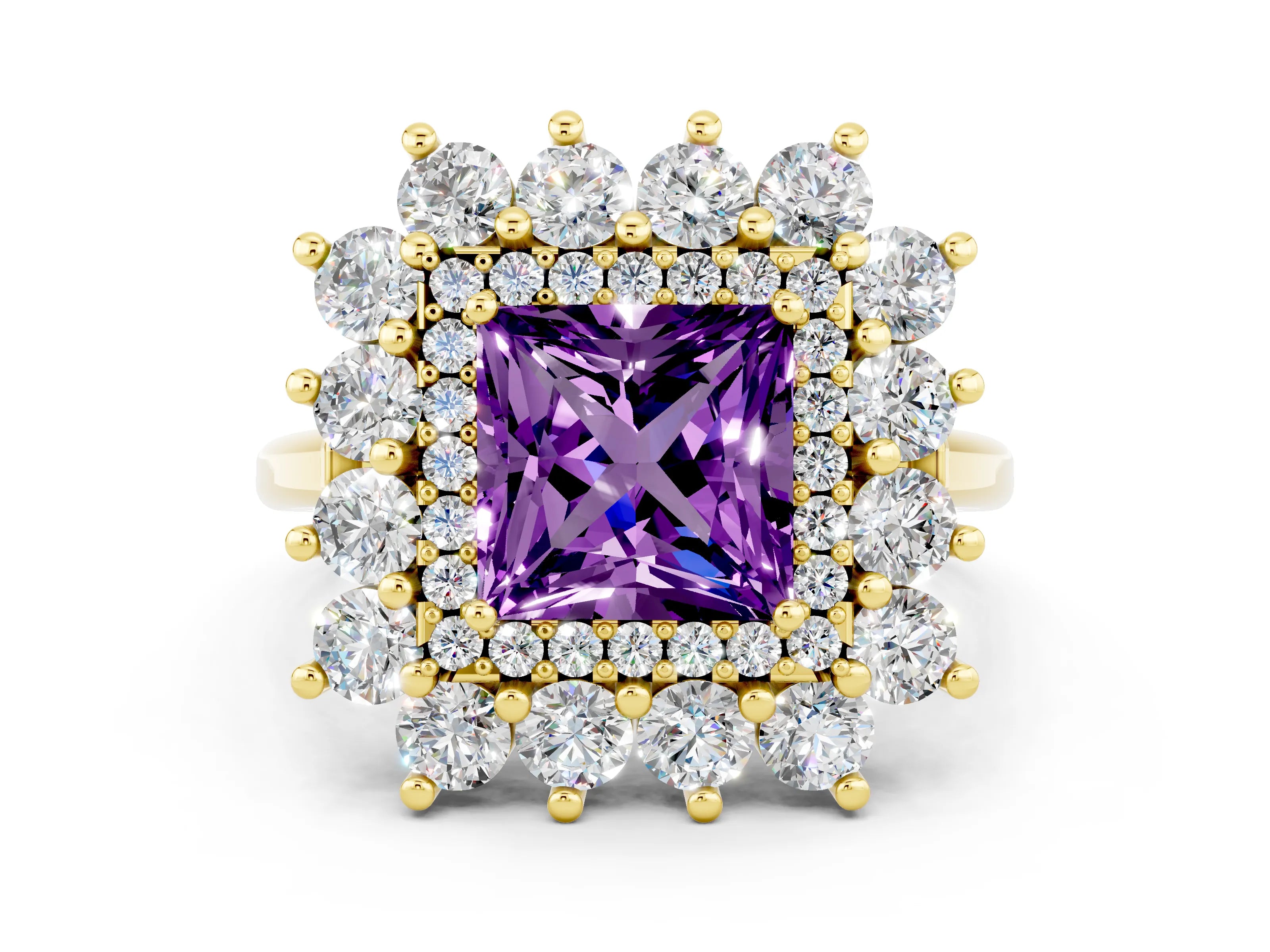 Yellow gold Princess Cut Halo Cluster Diamond Ring with Pave Band and Four-Prong Setting_12