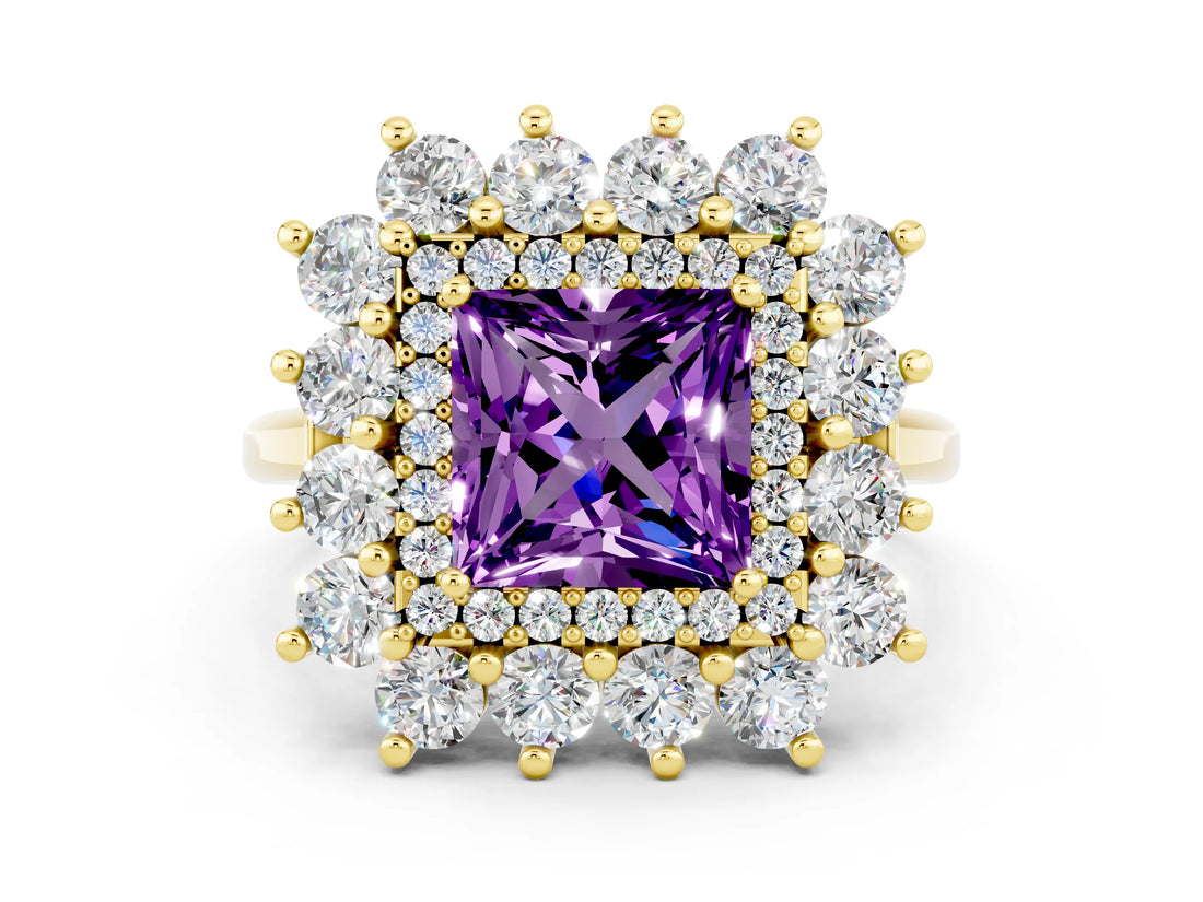 Yellow gold Princess Cut Halo Cluster Diamond Ring with Pave Band and Four-Prong Setting_12