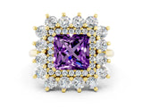 Yellow gold Princess Cut Halo Cluster Diamond Ring with Pave Band and Four-Prong Setting_12