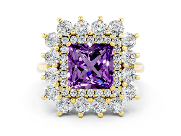 Yellow gold Princess Cut Amethyst Floral Double Halo Engagement Ring with Prong Setting