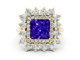 Yellow gold Princess Cut Halo Cluster Diamond Ring with Pave Band and Four-Prong Setting_12