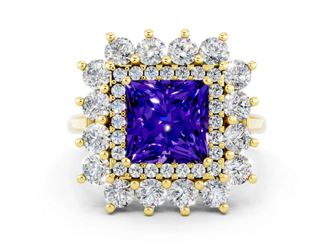 Yellow gold Princess Cut Halo Cluster Diamond Ring with Pave Band and Four-Prong Setting_12