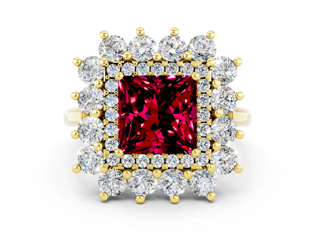 Yellow gold Princess Cut Halo Cluster Diamond Ring with Pave Band and Four-Prong Setting_12