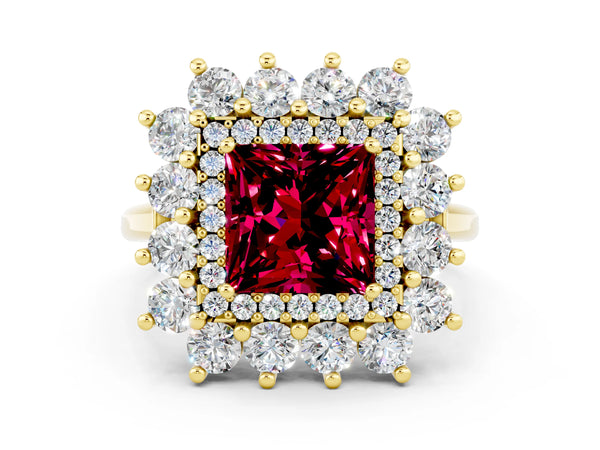 Yellow gold Princess Cut Garnet Floral Double Halo Engagement Ring with Prong Setting