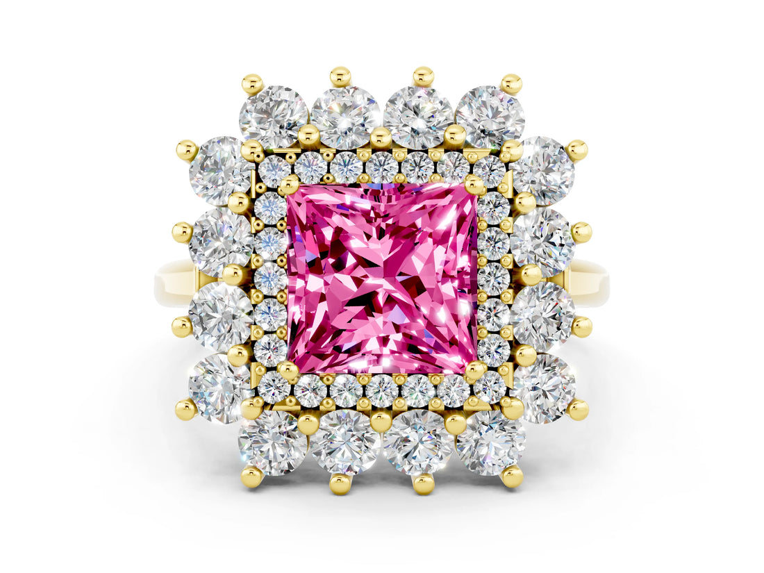 Yellow gold Princess Cut Halo Cluster Diamond Ring with Pave Band and Four-Prong Setting_12