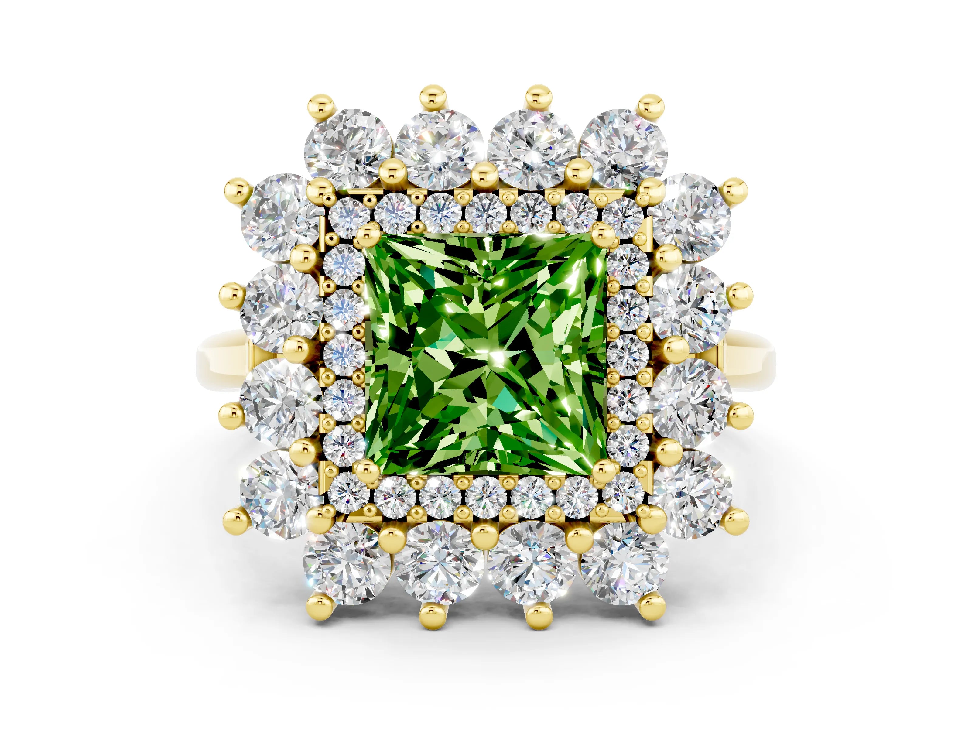Yellow gold Princess Cut Halo Cluster Diamond Ring with Pave Band and Four-Prong Setting_12