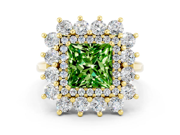 Yellow gold Princess Cut Peridot Floral Double Halo Engagement Ring with Prong Setting