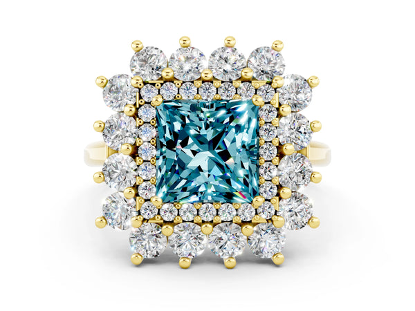 Yellow gold Princess Cut Blue Topaz Floral Double Halo Engagement Ring with Prong Setting
