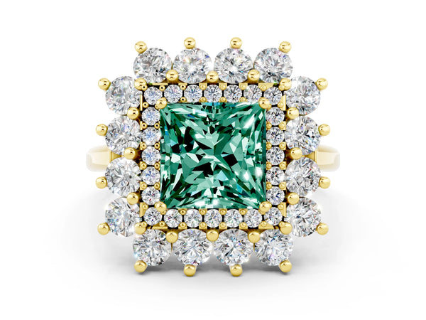 Yellow gold Princess Cut Green Sapphire Floral Double Halo Engagement Ring with Prong Setting