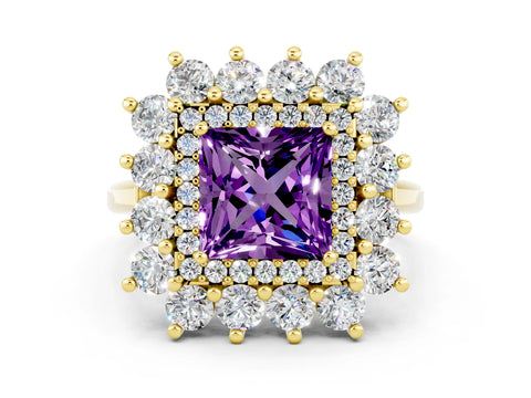 Yellow gold Princess Cut Halo Cluster Diamond Ring with Pave Band and Four-Prong Setting_12