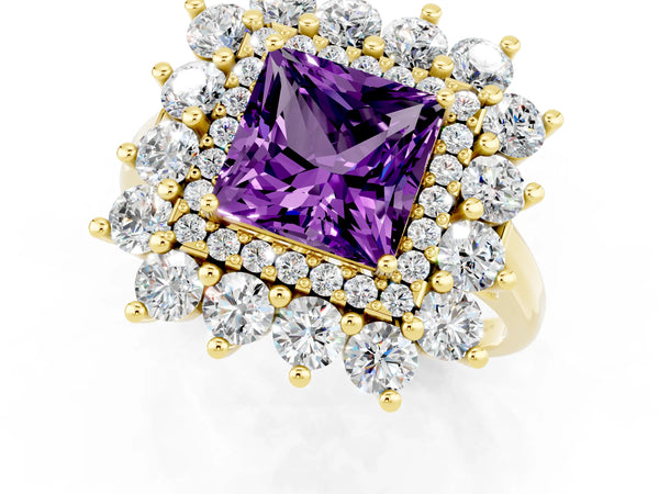 Yellow gold Princess Cut Amethyst Floral Double Halo Engagement Ring with Prong Setting