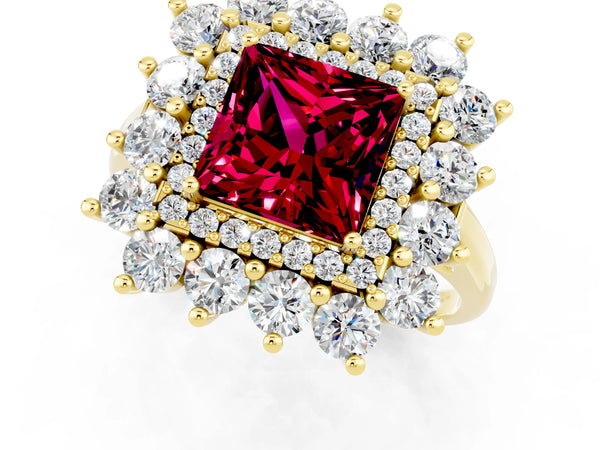 Yellow gold Princess Cut Garnet Floral Double Halo Engagement Ring with Prong Setting