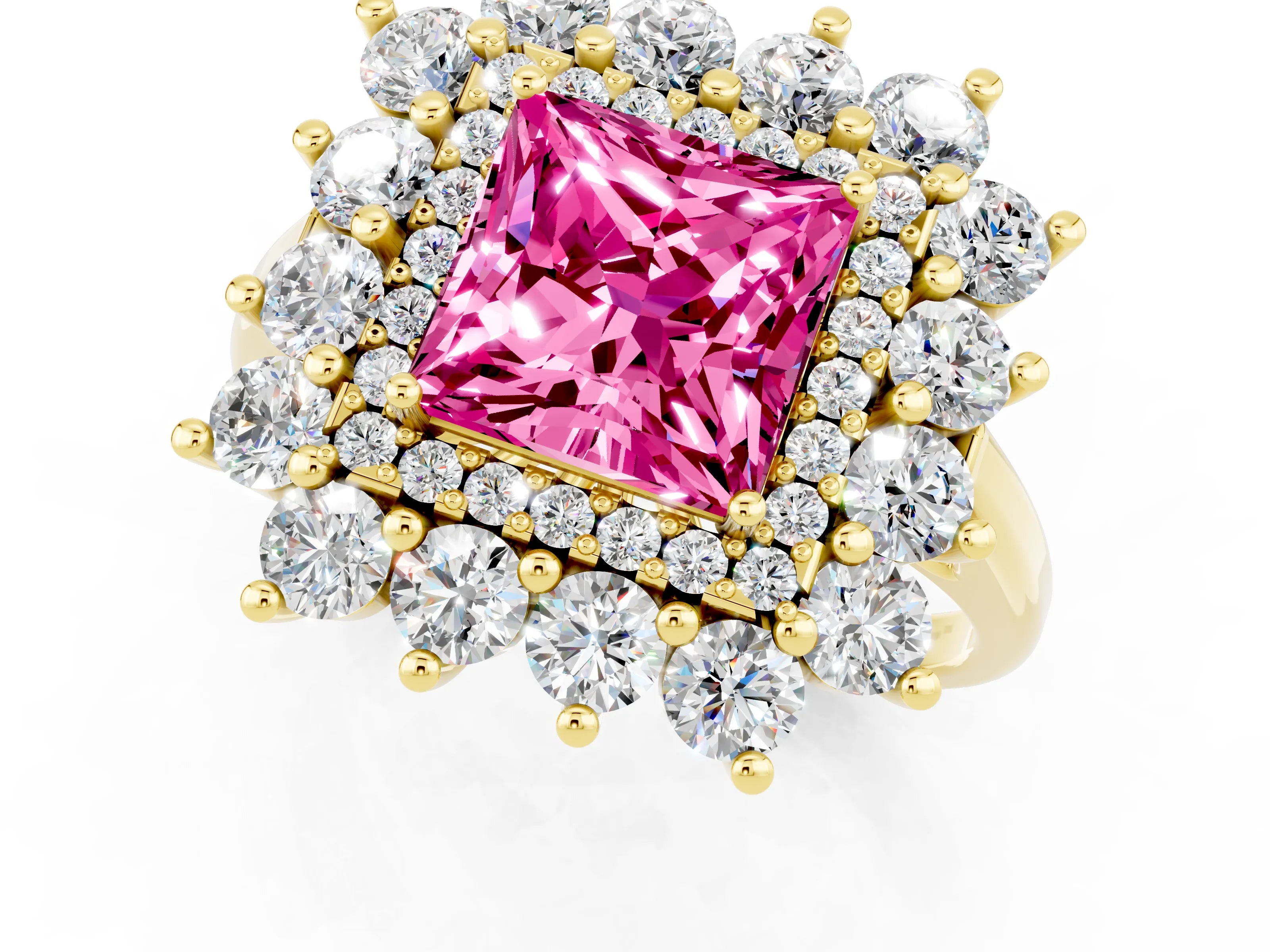 Yellow gold Princess Cut Halo Cluster Diamond Ring with Pave Band and Four-Prong Setting_13