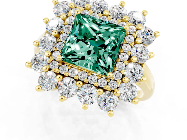 Yellow gold Princess Cut Green Sapphire Floral Double Halo Engagement Ring with Prong Setting