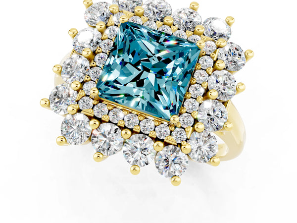 Yellow gold Princess Cut Blue Topaz Floral Double Halo Engagement Ring with Prong Setting