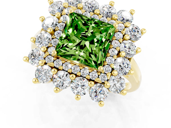 Yellow gold Princess Cut Peridot Floral Double Halo Engagement Ring with Prong Setting