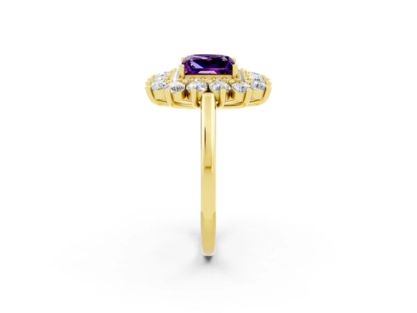 Yellow gold Princess Cut Amethyst Floral Double Halo Engagement Ring with Prong Setting