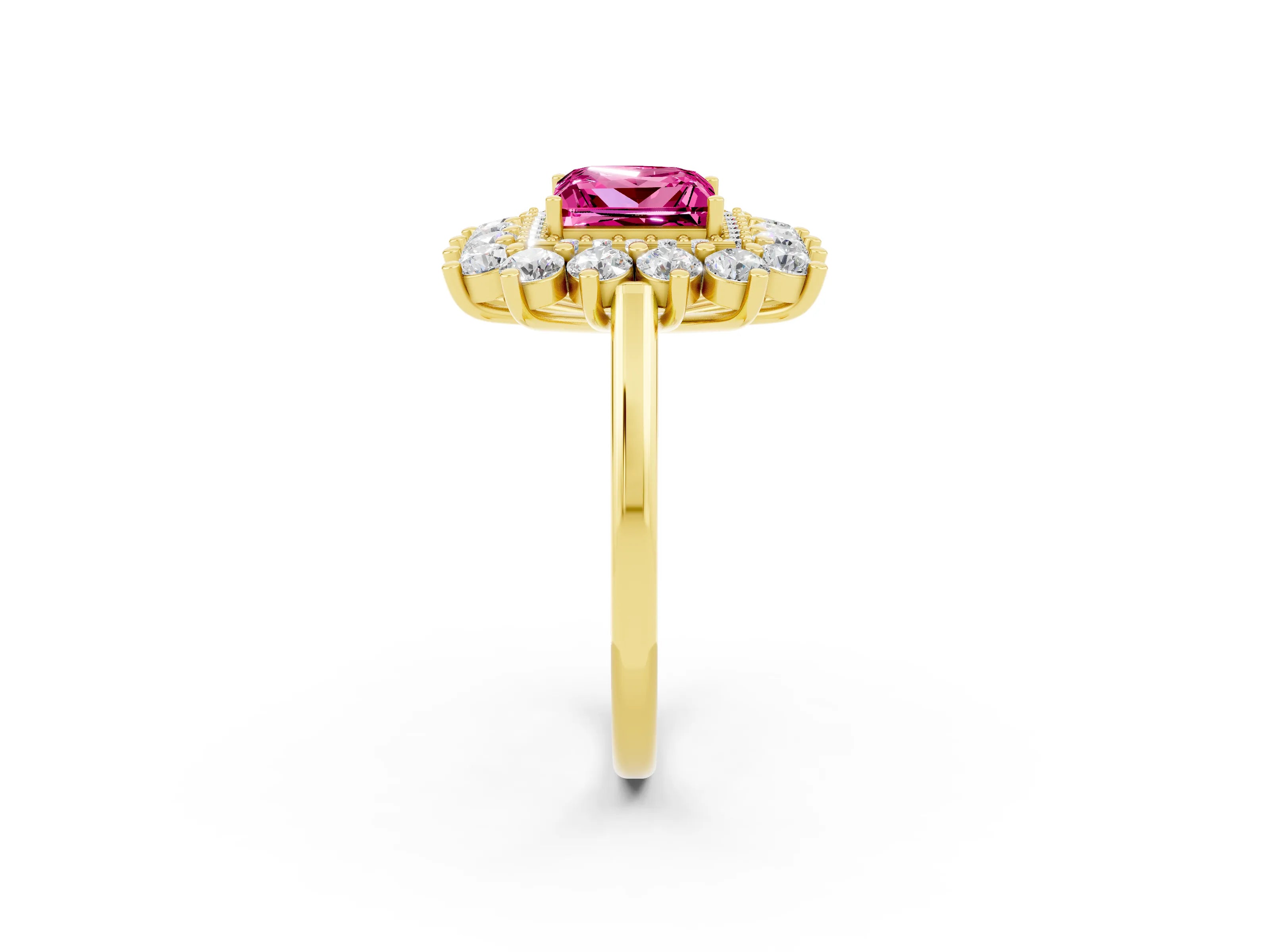 Yellow gold Princess Cut Halo Cluster Diamond Ring with Pave Band and Four-Prong Setting_14