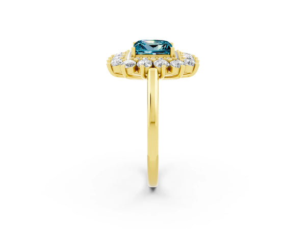 Yellow gold Princess Cut Blue Topaz Floral Double Halo Engagement Ring with Prong Setting