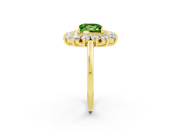 Yellow gold Princess Cut Peridot Floral Double Halo Engagement Ring with Prong Setting