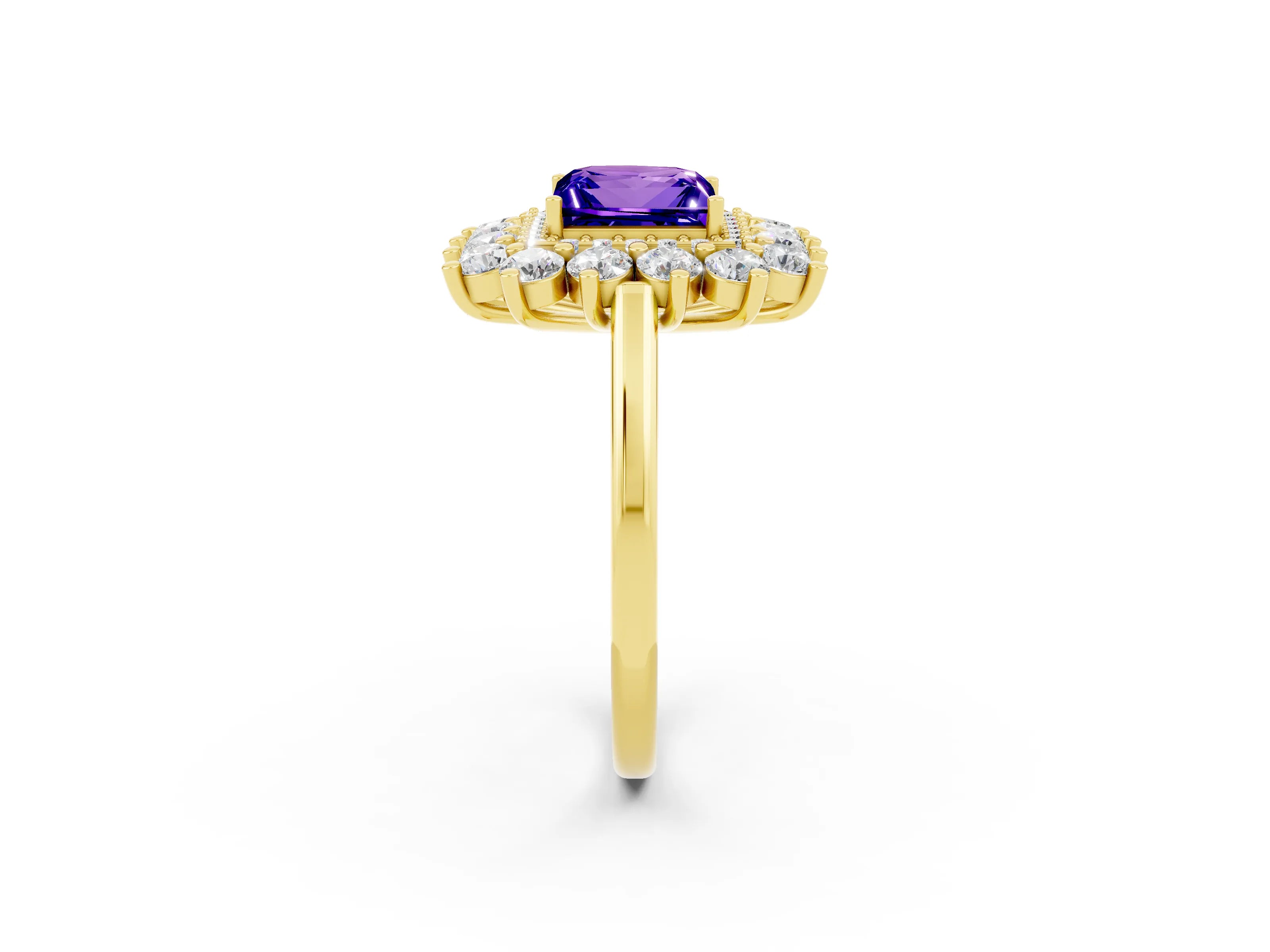 Yellow gold Princess Cut Halo Cluster Diamond Ring with Pave Band and Four-Prong Setting_14
