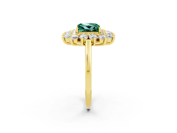 Yellow gold Princess Cut Green Sapphire Floral Double Halo Engagement Ring with Prong Setting