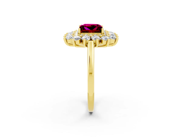 Yellow gold Princess Cut Garnet Floral Double Halo Engagement Ring with Prong Setting
