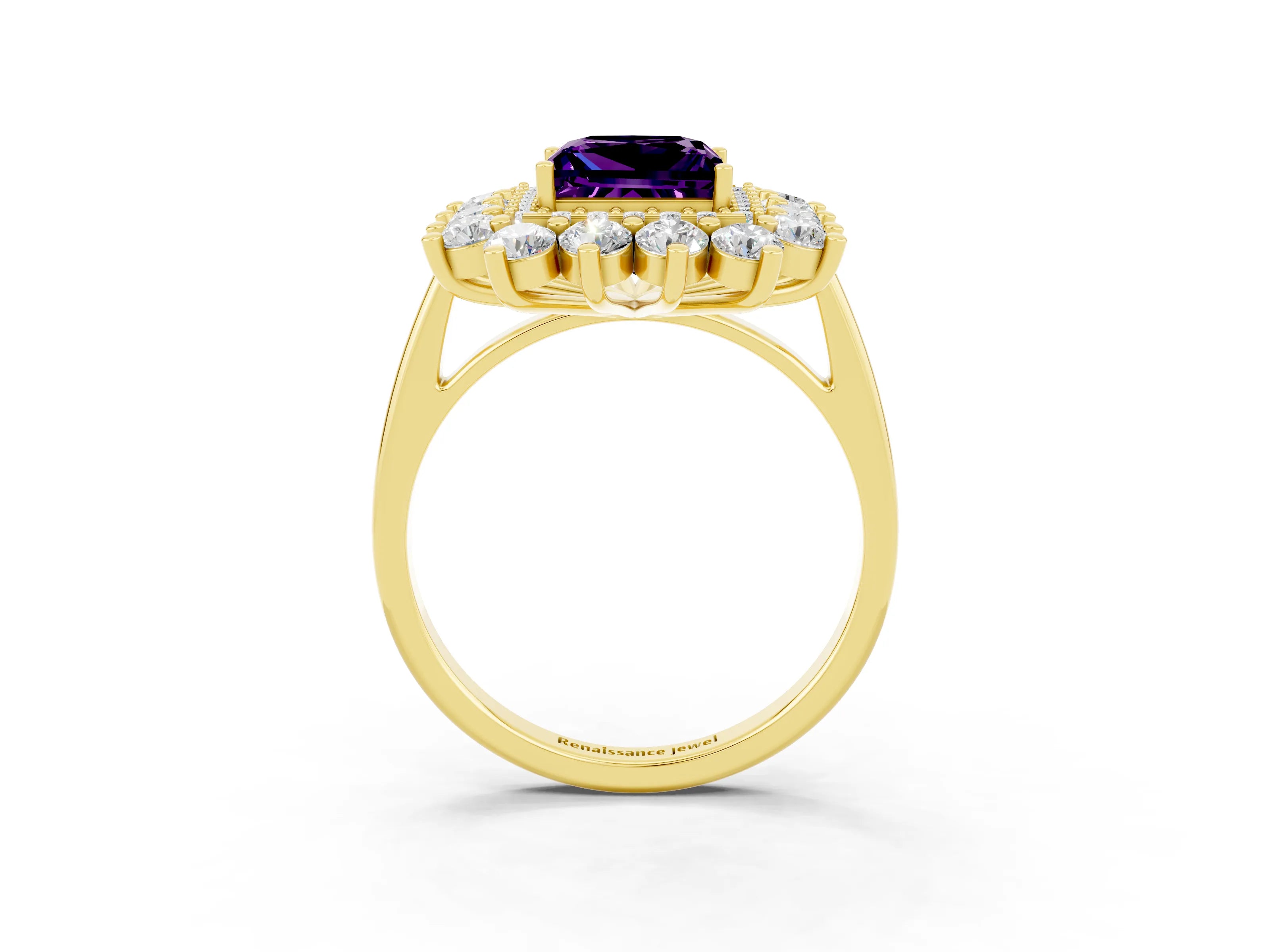 Yellow gold Princess Cut Halo Cluster Diamond Ring with Pave Band and Four-Prong Setting_15