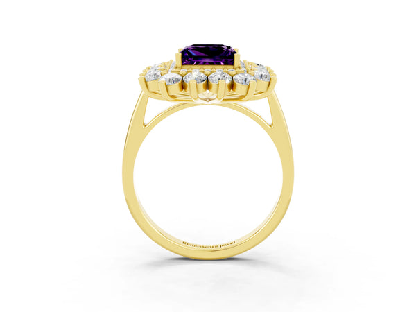Yellow gold Princess Cut Amethyst Floral Double Halo Engagement Ring with Prong Setting