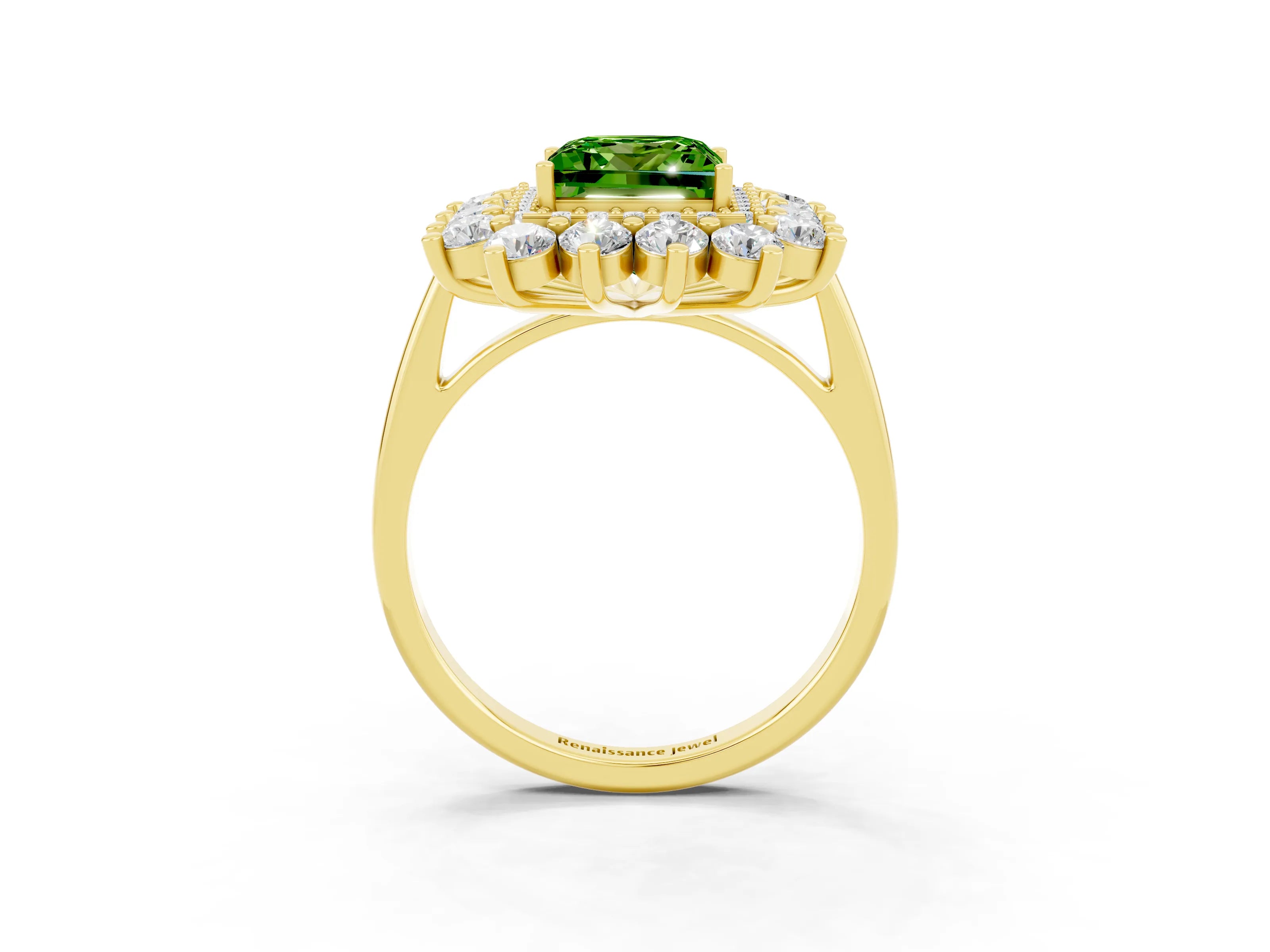 Yellow gold Princess Cut Halo Cluster Diamond Ring with Pave Band and Four-Prong Setting_15