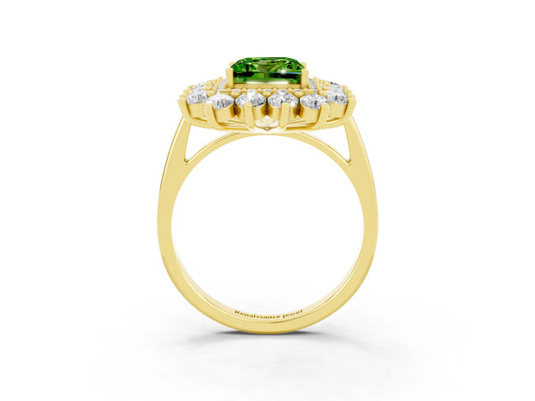 Yellow gold Princess Cut Peridot Floral Double Halo Engagement Ring with Prong Setting