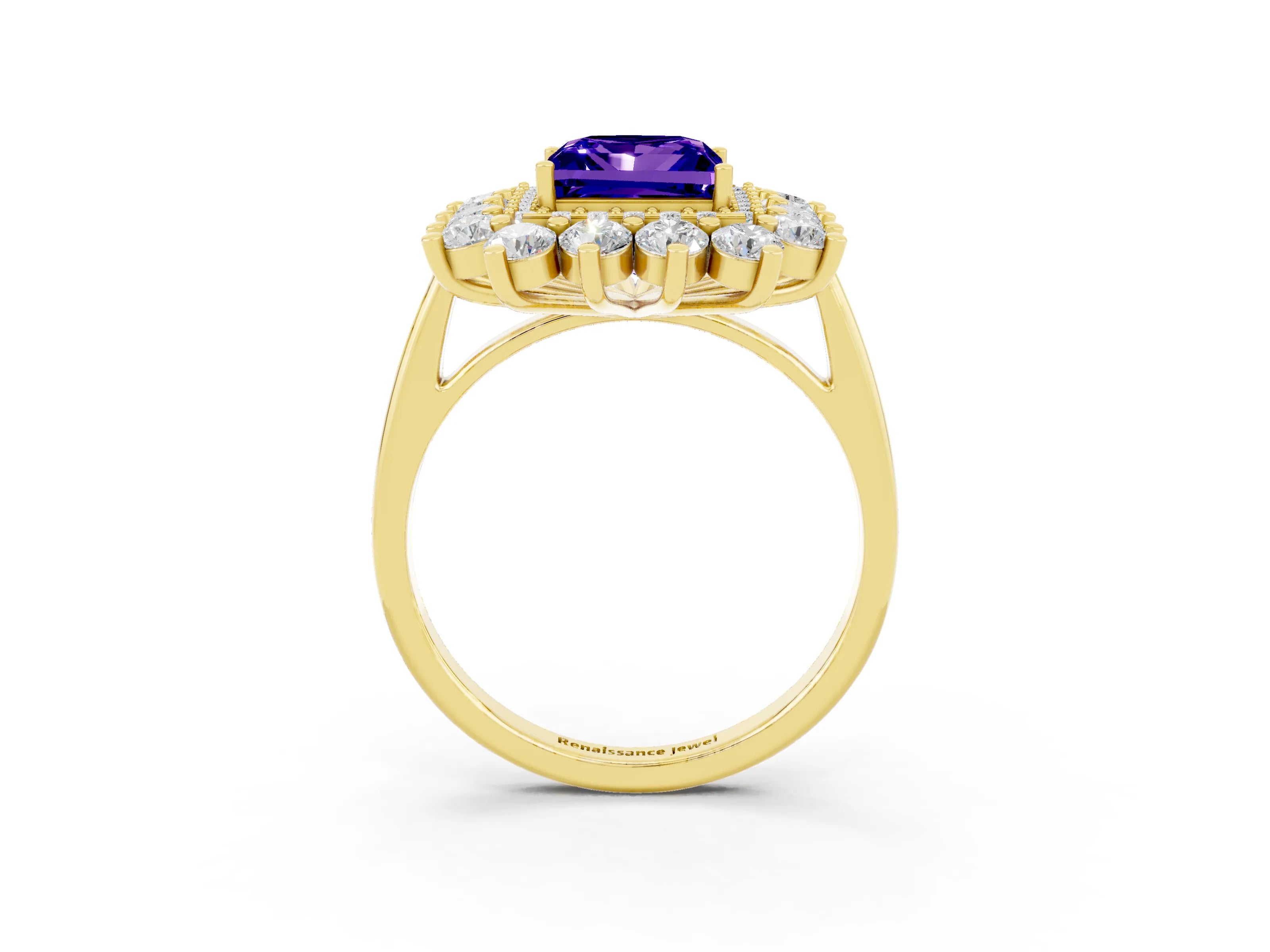 Yellow gold Princess Cut Halo Cluster Diamond Ring with Pave Band and Four-Prong Setting_15