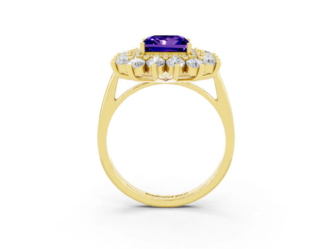 Yellow gold Princess Cut Halo Cluster Diamond Ring with Pave Band and Four-Prong Setting_15