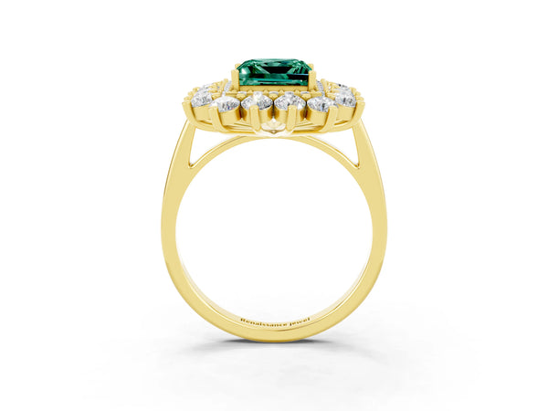 Yellow gold Princess Cut Green Sapphire Floral Double Halo Engagement Ring with Prong Setting