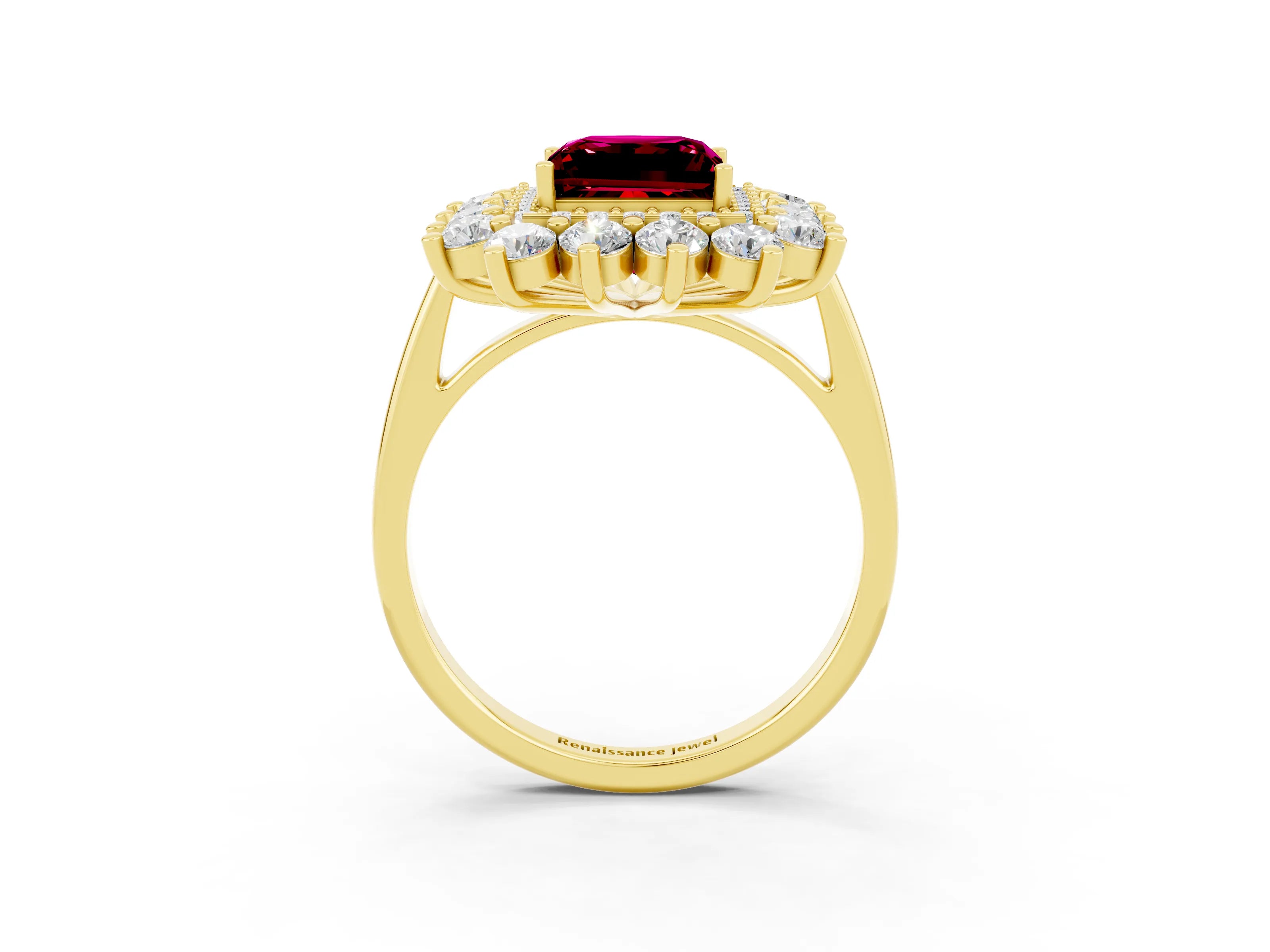 Yellow gold Princess Cut Halo Cluster Diamond Ring with Pave Band and Four-Prong Setting_15
