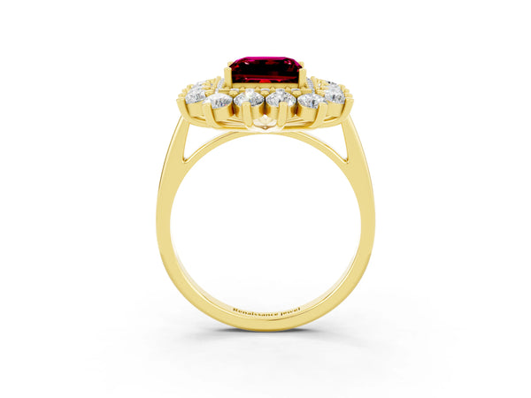 Yellow gold Princess Cut Garnet Floral Double Halo Engagement Ring with Prong Setting