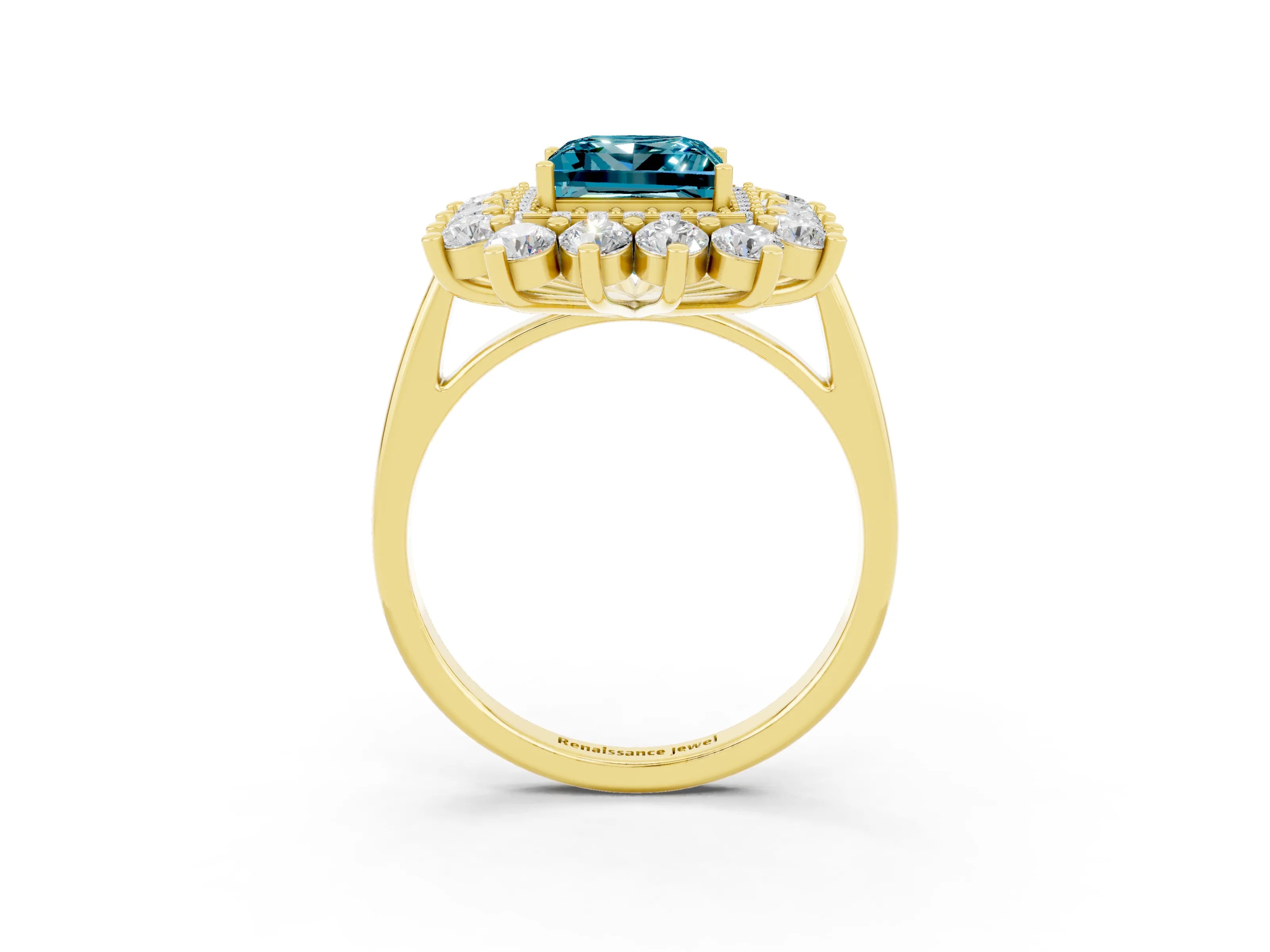 Yellow gold Princess Cut Halo Cluster Diamond Ring with Pave Band and Four-Prong Setting_15