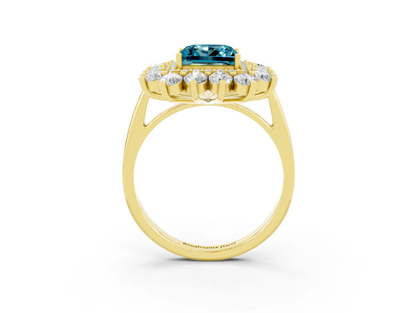 Yellow gold Princess Cut Blue Topaz Floral Double Halo Engagement Ring with Prong Setting