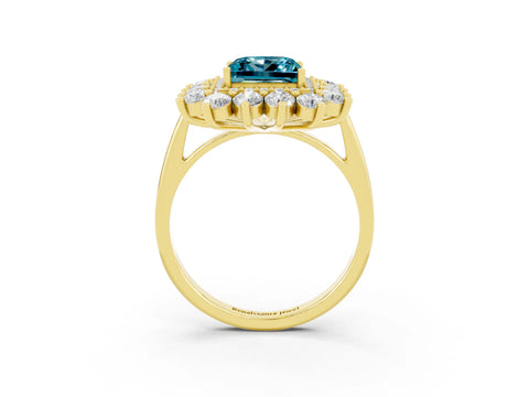 Yellow gold Princess Cut Halo Cluster Diamond Ring with Pave Band and Four-Prong Setting_15