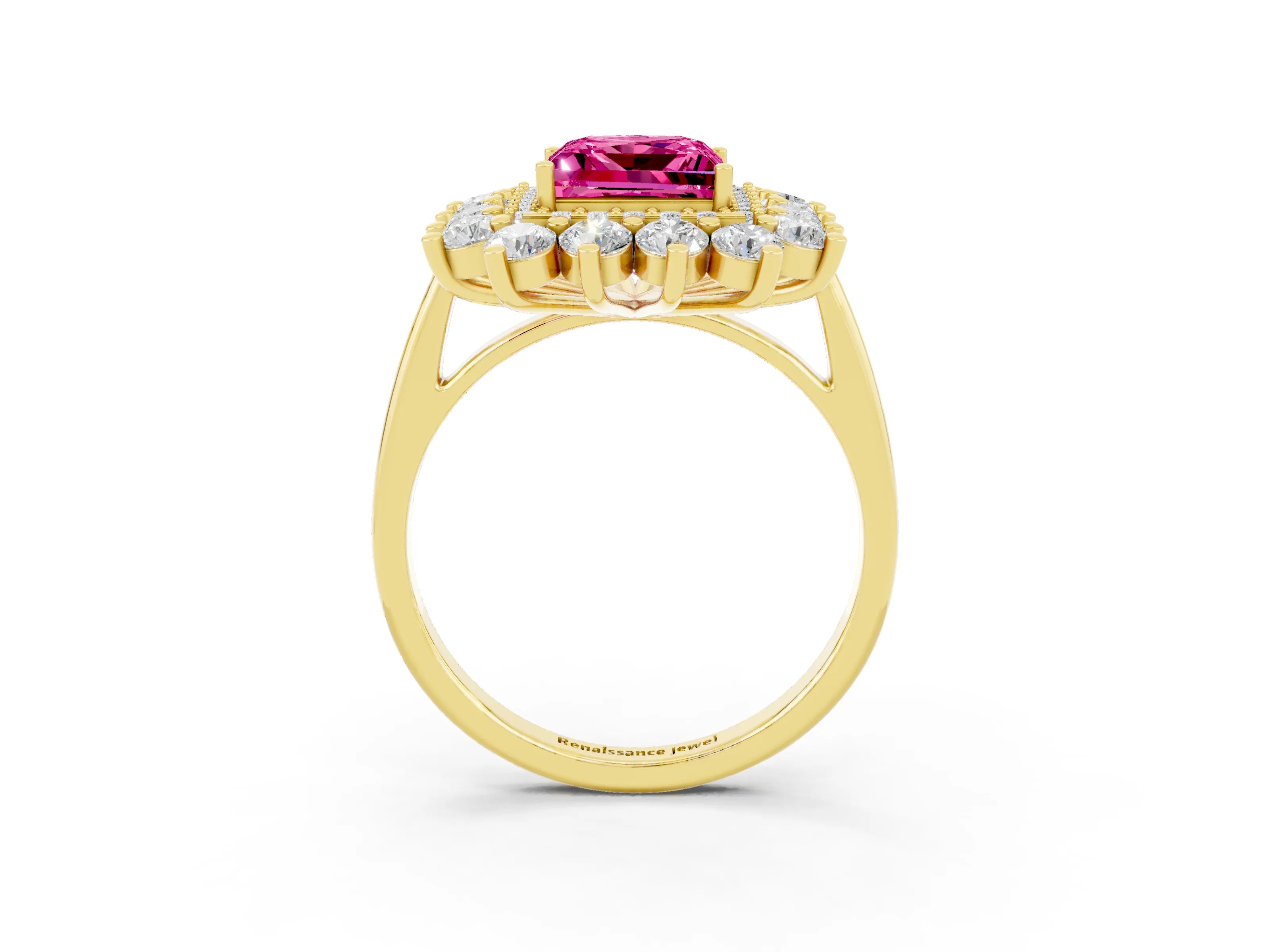Yellow gold Princess Cut Halo Cluster Diamond Ring with Pave Band and Four-Prong Setting_15
