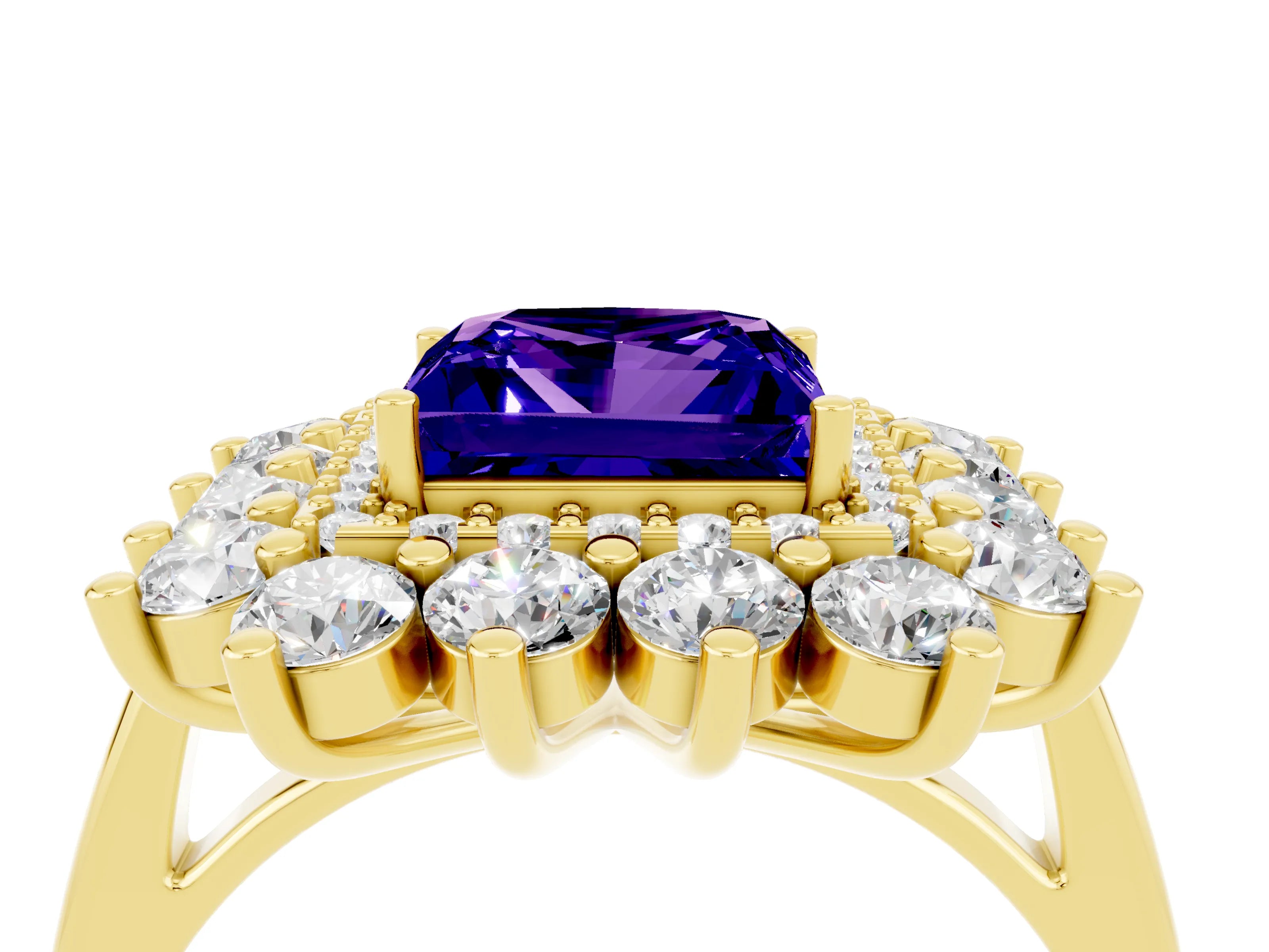Yellow gold Princess Cut Halo Cluster Diamond Ring with Pave Band and Four-Prong Setting_16