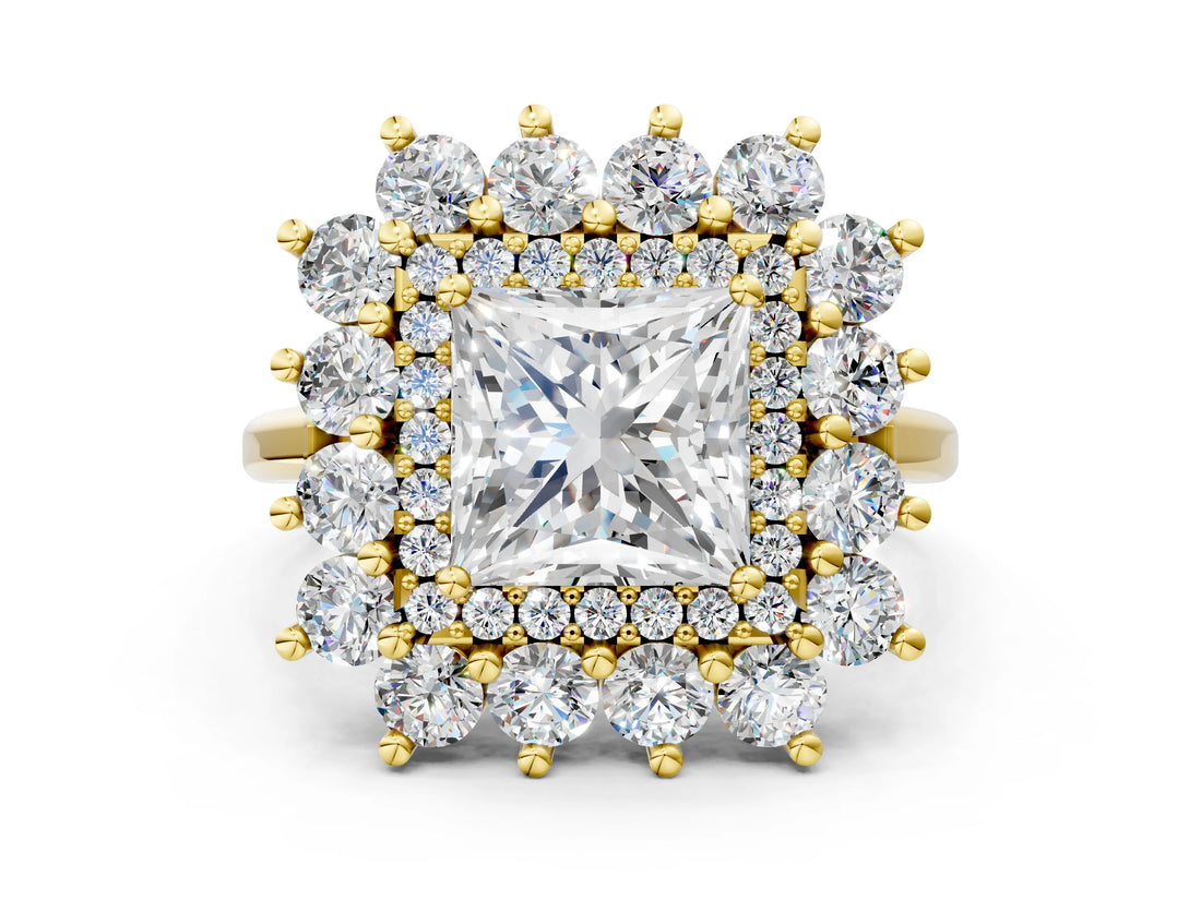 Yellow gold Princess Cut Halo Cluster Diamond Ring with Pave Band and Four-Prong Setting_17