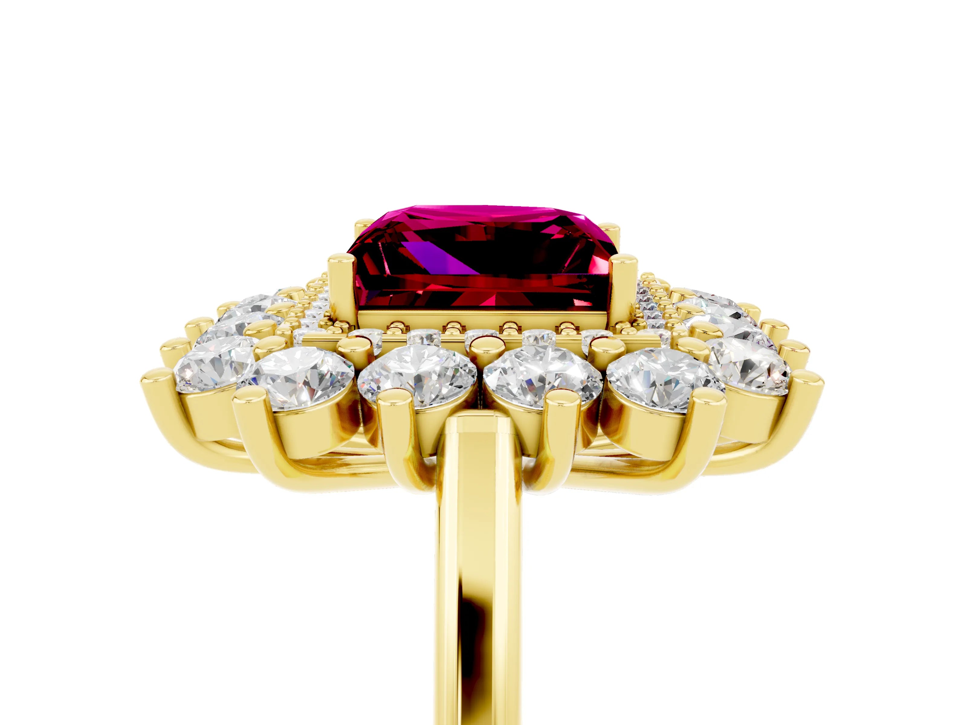 Yellow gold Princess Cut Halo Cluster Diamond Ring with Pave Band and Four-Prong Setting_17