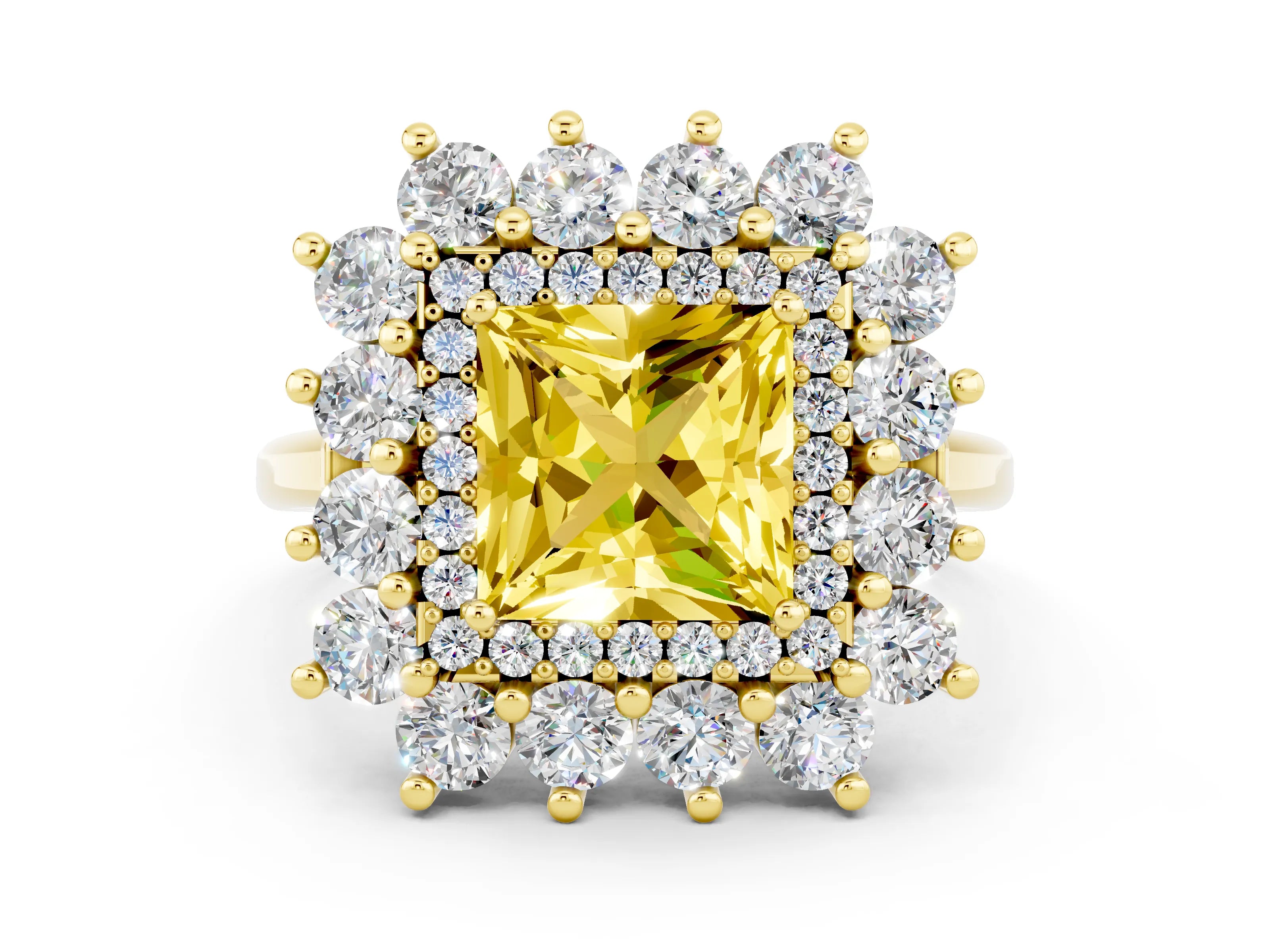 Yellow gold Princess Cut Halo Cluster Diamond Ring with Pave Band and Four-Prong Setting_18