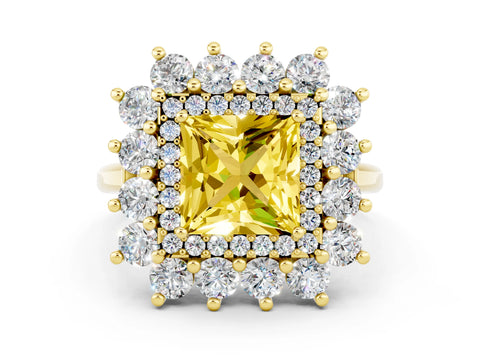 Yellow gold Princess Cut Halo Cluster Diamond Ring with Pave Band and Four-Prong Setting_18