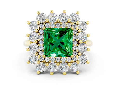 Yellow gold Princess Cut Halo Cluster Diamond Ring with Pave Band and Four-Prong Setting_18