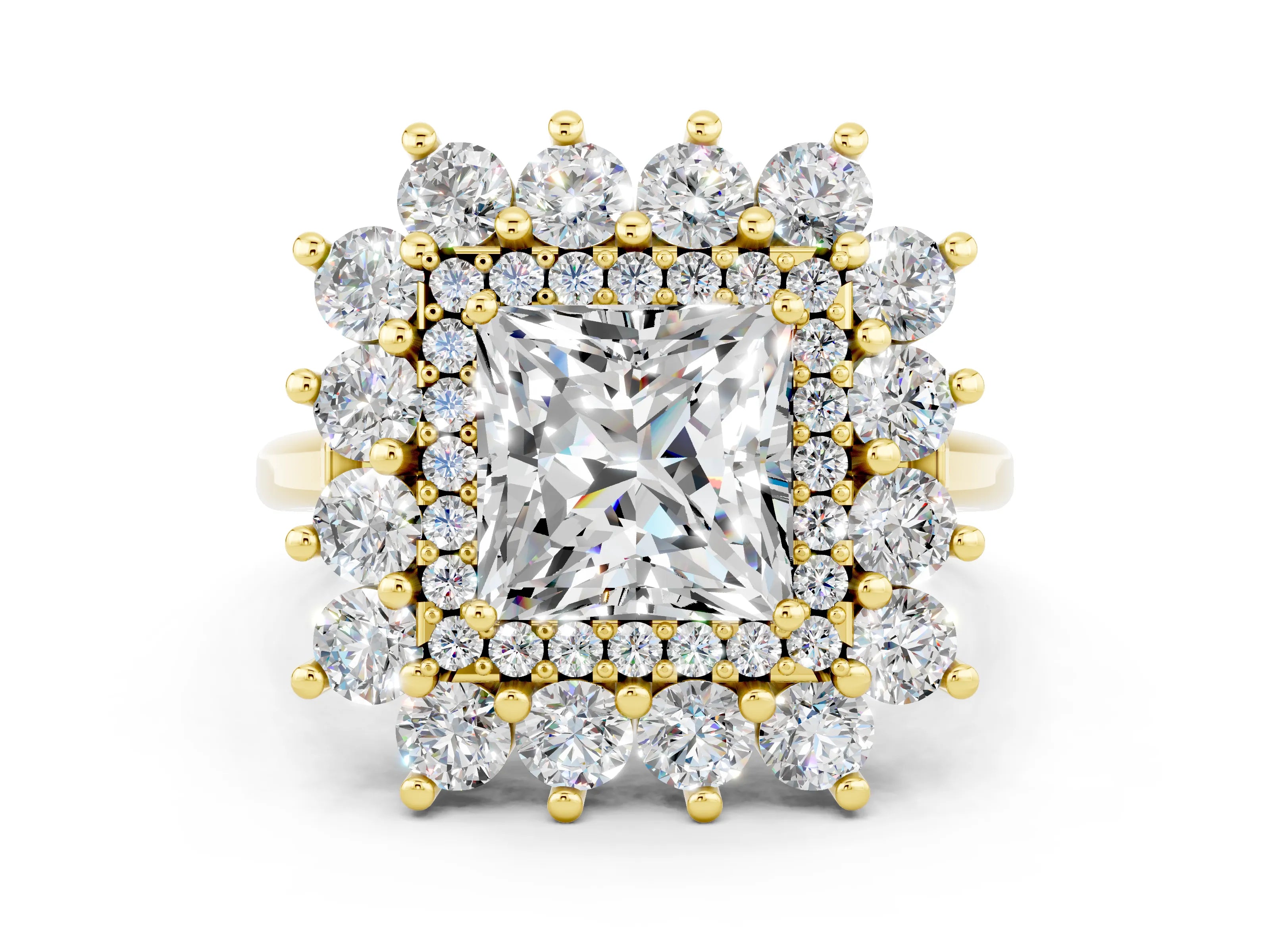 Yellow gold Princess Cut Halo Cluster Diamond Ring with Pave Band and Four-Prong Setting_18