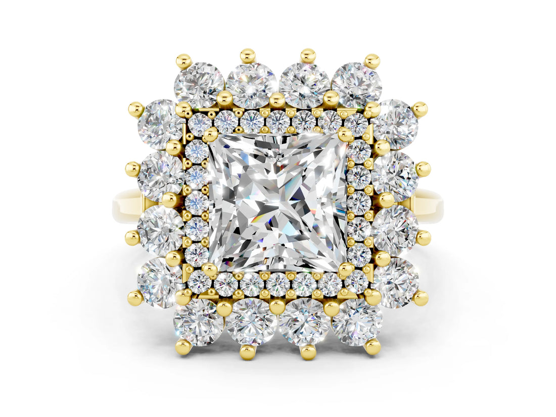 Yellow gold Princess Cut Halo Cluster Diamond Ring with Pave Band and Four-Prong Setting_18
