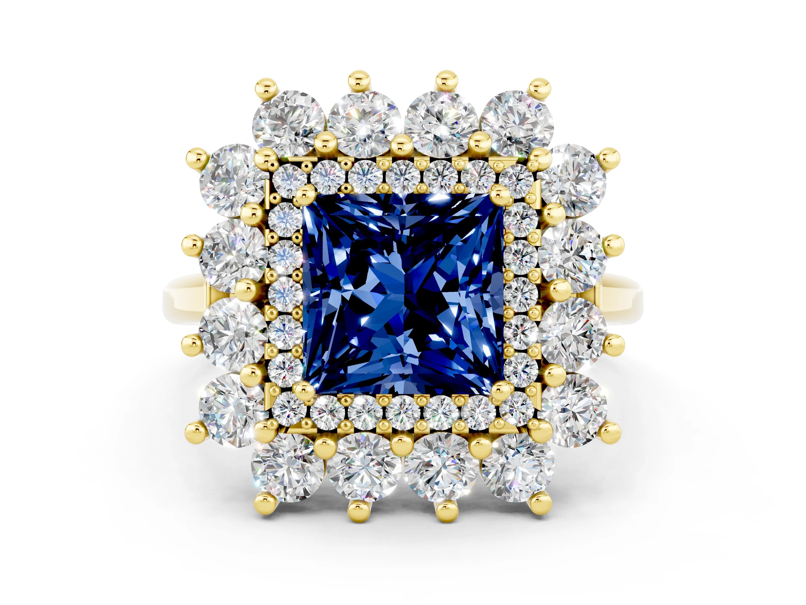 Yellow gold Princess Cut Halo Cluster Diamond Ring with Pave Band and Four-Prong Setting_18