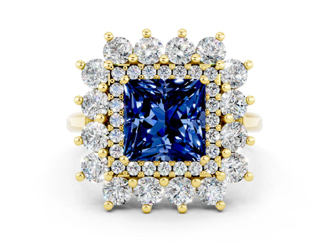 Yellow gold Princess Cut Halo Cluster Diamond Ring with Pave Band and Four-Prong Setting_18